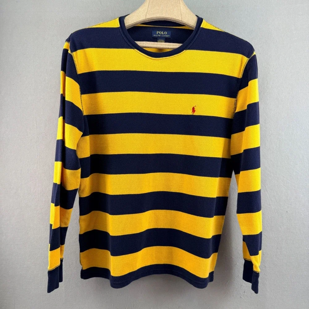 Polo Ralph Lauren Mens XL Waffle Knit Thermal Shirt Navy Yellow Striped Long Slv - Picture 2 of 10